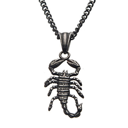 The Men's Stainless Steel Antique Gunmetal Scorpion Pendant by INOX features a detailed scorpion design, adding an edgy and intricate element to the accessory. The scorpion's arched tail and lifelike legs are suspended from a robust 22" gunmetal box chain, making this piece a standout accessory.