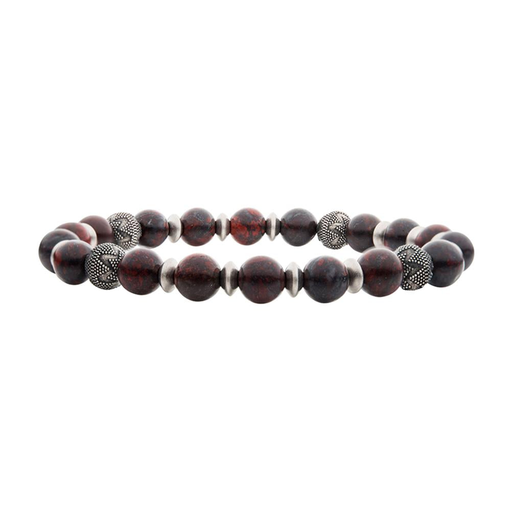 Introducing the INOX Men's 8mm Leopard Stones bracelet—a stylish accessory featuring matte-finish deep red and black oxidized beads, interspersed with small silver-toned spacers and four textured metal accent beads. This sleek bracelet adds an earthy yet sophisticated touch to any outfit, combining a natural look with a polished design.