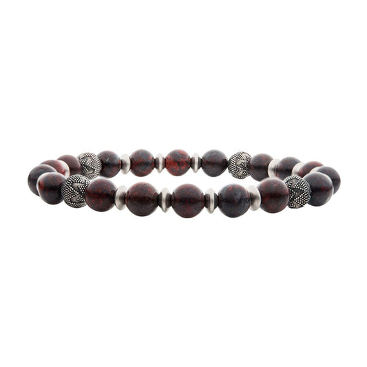 Introducing the INOX Men's 8mm Leopard Stones bracelet—a stylish accessory featuring matte-finish deep red and black oxidized beads, interspersed with small silver-toned spacers and four textured metal accent beads. This sleek bracelet adds an earthy yet sophisticated touch to any outfit, combining a natural look with a polished design.