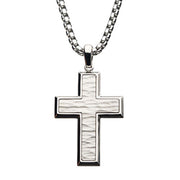 The Men's Matte Stainless Steel Hammered Design Cross Pendant from INOX hangs elegantly from a silver box chain. The cross features a smooth, polished border that beautifully contrasts with its rugged, matte interior. This striking 22" necklace is displayed against a plain white background.