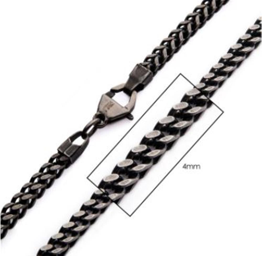 Close-up of the INOX 4mm Oxidized Steel Franco Chain necklace with a clasp. The chain links feature a polished, interwoven pattern typical of a Franco chain, and a section is highlighted with a rectangle to demonstrate its width, noted as 4mm.