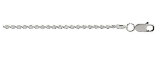 The Sterling Silver 1.4mm Rope Chain with Lobster Clasp - 20 inch by Royal Chain Group-Royal Chain features a twisted design that gives it a textured appearance and an elegant shine. The lobster clasp is positioned on the right side, and the bracelet is beautifully displayed on a white background.