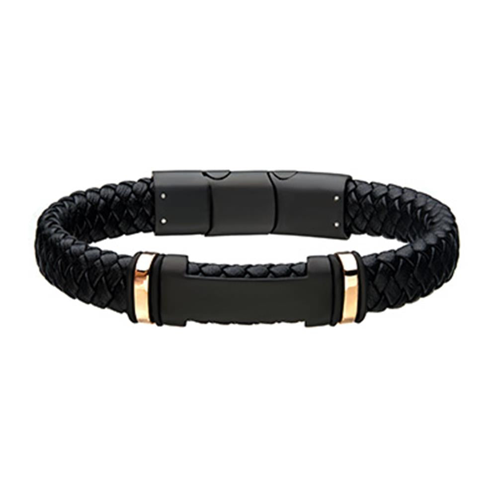 Introducing the Men's Stainless Steel Black Leather with Rose Gold Plated ID Bracelet by INOX. This stylish piece features a sleek metal clasp and a rectangular central accent, with black metal details subtly accented with rose gold tones near the center. The modern design is perfect for various occasions, and its adjustable 8.75" length ensures a comfortable fit.