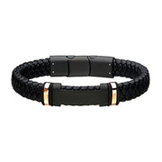 Introducing the Men's Stainless Steel Black Leather with Rose Gold Plated ID Bracelet by INOX. This stylish piece features a sleek metal clasp and a rectangular central accent, with black metal details subtly accented with rose gold tones near the center. The modern design is perfect for various occasions, and its adjustable 8.75" length ensures a comfortable fit.