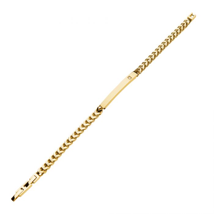 Image shows an 18K Gold Plated with Diamond Franco Chain Miami Cuban ID Bracelet by INOX, featuring a flat rectangular plate centered along its length. The chain has a curb or Cuban link design, and the plate may allow for customization or engraving. The clasp on one end secures the bracelet.