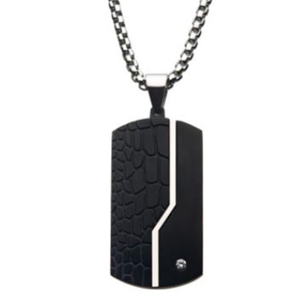 A Men's Stainless Steel dog tag necklace by INOX, featuring a pendant with a stylish black crocodile pattern on the left side and a smooth surface on the right, divided by a diagonal silver stripe. Near the bottom left, there's an elegant 2mm clear CZ gem embedded for an added touch of sophistication. The chain measures 24 inches in length.