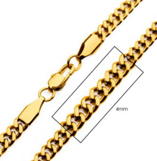 Close-up of the INOX 4mm 18K Gold Plated Diamond Cut Curb Chain Necklace. A rectangle highlights a section of the chain, and a label inside the rectangle indicates the chain is 4mm wide. The men's stainless steel necklace, measuring 20 inches, features interlocking curved links and is secured with a lobster clasp.