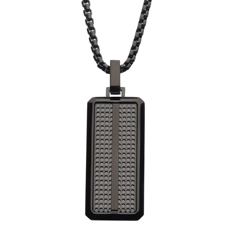 The Black IP Streamline Dog Tag Pendant with Bold Box Chain by INOX features a rectangular dog tag-style pendant with a textured grid pattern hanging from a chunky 22-inch chain. This men's pendant is primarily black and includes a vertical stripe down its center, attached to the chain via a small rectangular loop.