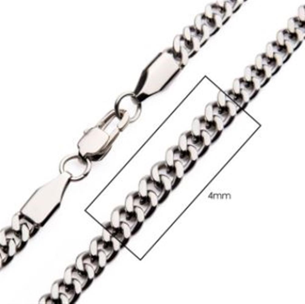 A close-up of the 4mm Steel Diamond Cut Curb Chain Necklace by INOX, measuring 24" in length and featuring a sturdy lobster clasp. The intricate diamond cut curb links are highlighted in a rectangular box to showcase the detailed craftsmanship of this elegant men's stainless steel chain.