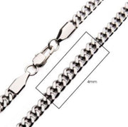 A close-up of the 4mm Steel Diamond Cut Curb Chain Necklace by INOX, measuring 24" in length and featuring a sturdy lobster clasp. The intricate diamond cut curb links are highlighted in a rectangular box to showcase the detailed craftsmanship of this elegant men's stainless steel chain.
