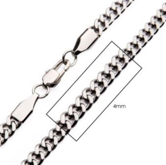 A close-up of the 4mm Steel Diamond Cut Curb Chain Necklace by INOX, measuring 24" in length and featuring a sturdy lobster clasp. The intricate diamond cut curb links are highlighted in a rectangular box to showcase the detailed craftsmanship of this elegant men's stainless steel chain.