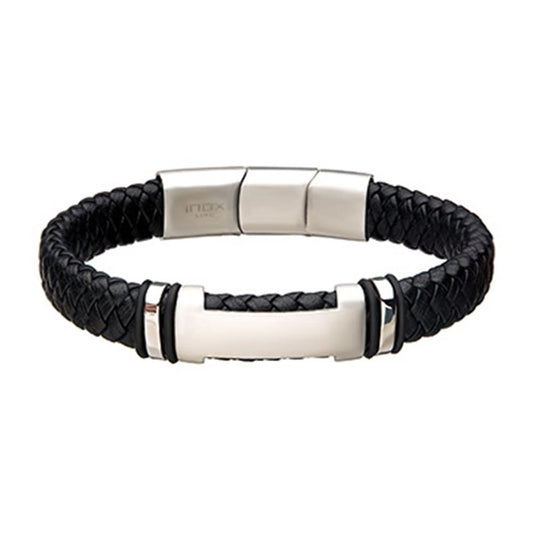 Men's Black Leather with Steel ID Bracelet | 8.25" - 8.75" Adjustable