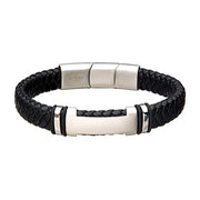 Introducing the INOX Men's Black Leather with Steel ID Bracelet, featuring a sleek braided design with polished silver-tone metal accents and a rectangular slide magnetic clasp. Adjustable from 8.25" to 8.75", this modern and stylish accessory is perfect for any occasion.