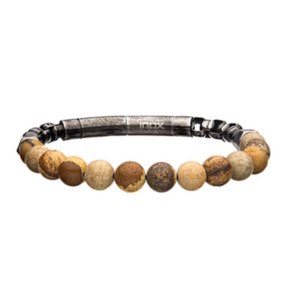Introducing the INOX 8mm Jasper Beads and Box Chain Bracelet, a stylish men's accessory featuring earthy-toned jasper beads paired with metallic accents. The beads vary in shades of brown and beige, complemented by a textured gray cylindrical segment with a clasp. This blend of colors and textures provides a natural, rugged look perfect for any occasion.