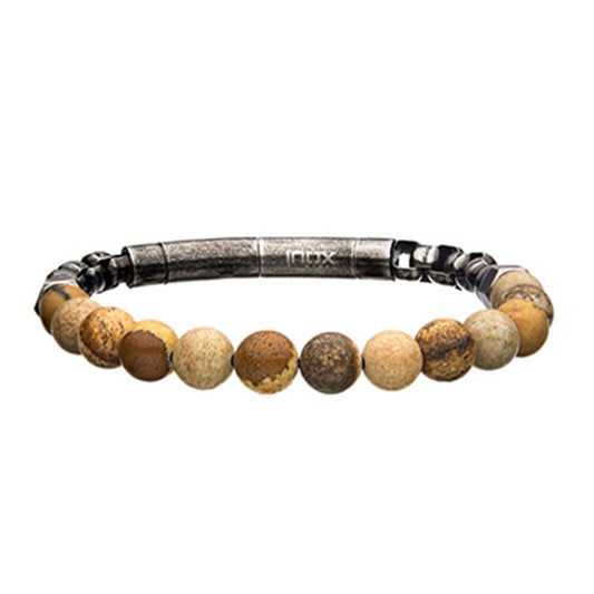 Introducing the INOX 8mm Jasper Beads and Box Chain Bracelet, a stylish men's accessory featuring earthy-toned jasper beads paired with metallic accents. The beads vary in shades of brown and beige, complemented by a textured gray cylindrical segment with a clasp. This blend of colors and textures provides a natural, rugged look perfect for any occasion.