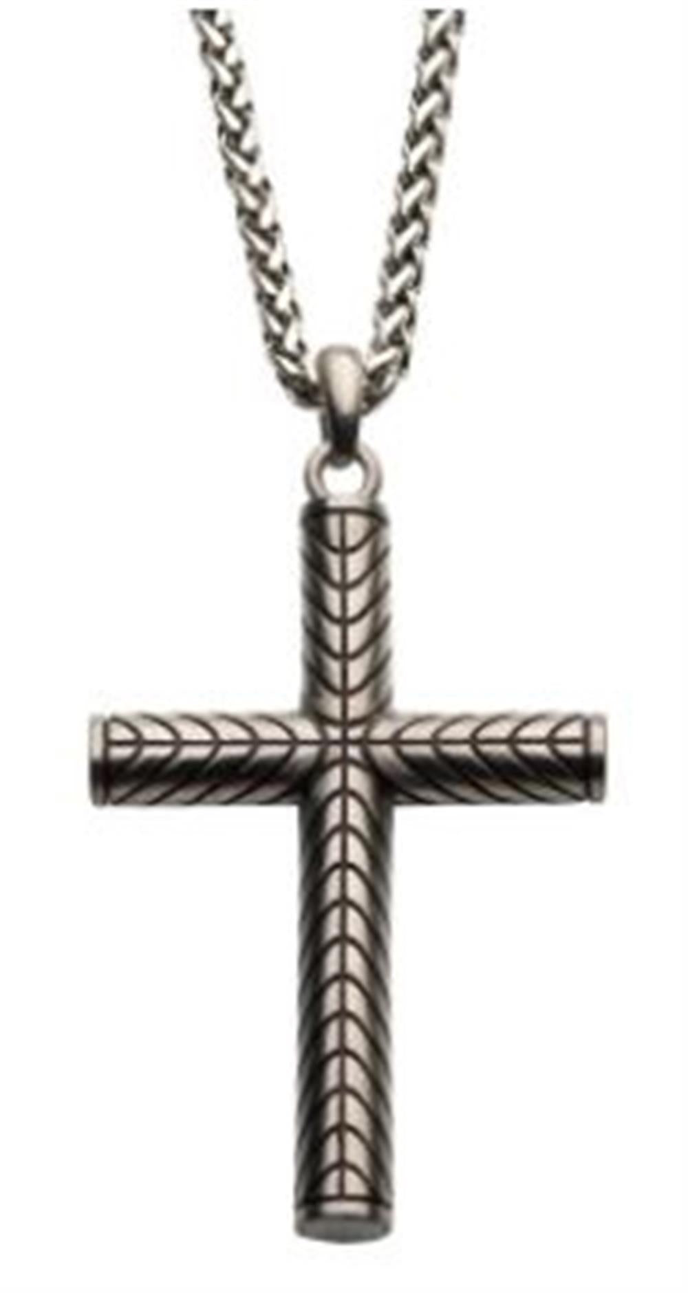 Steel Geometric Pattern Cross Pendant with Steel Wheat Chain | INOX