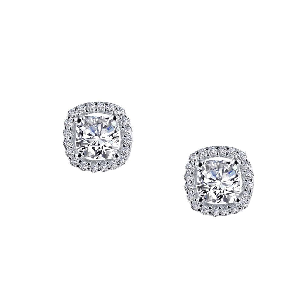 A pair of elegant Lafonn Cushion Cut Halo Stud Earrings featuring square-cut simulated diamonds in the center, surrounded by a halo of smaller diamonds set in white gold. The earrings have a sophisticated, sparkling appearance.