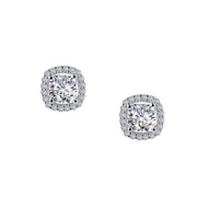 A pair of elegant Lafonn Cushion Cut Halo Stud Earrings featuring square-cut simulated diamonds in the center, surrounded by a halo of smaller diamonds set in white gold. The earrings have a sophisticated, sparkling appearance.