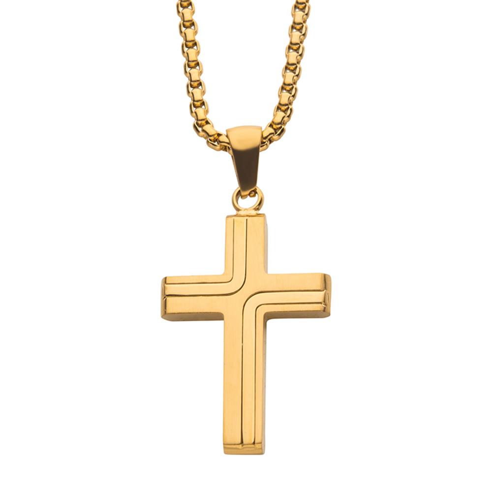 A gold cross pendant from INOX hangs from a matching 22" 18K yellow gold, 2mm round box chain. The men's cross pendant features a smooth and slightly raised design, adding depth and texture. The chain is composed of closely linked segments, giving it a sturdy yet elegant appearance.