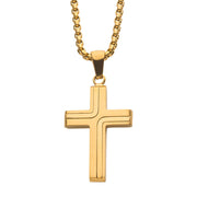 A gold cross pendant from INOX hangs from a matching 22" 18K yellow gold, 2mm round box chain. The men's cross pendant features a smooth and slightly raised design, adding depth and texture. The chain is composed of closely linked segments, giving it a sturdy yet elegant appearance.