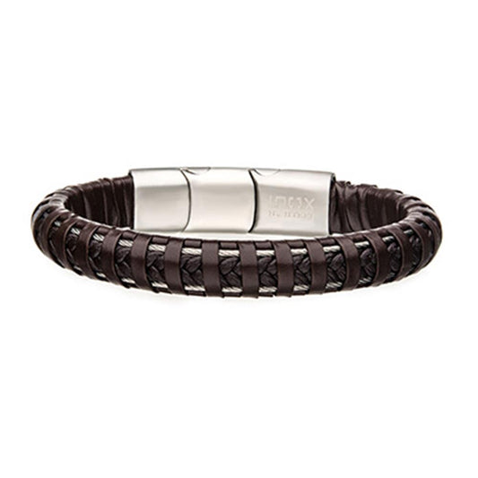 Men's Stainless Steel Clasp with Brown Leather Bracelet. 8 1/2 inch lo