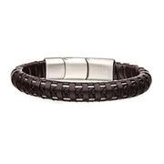 The INOX Men's Stainless Steel Clasp with Brown Leather Bracelet, measuring 8 1/2 inches long, features interwoven dark brown leather strips and a polished stainless steel magnetic clasp. Its minimalist design provides a modern and stylish accessory suitable for both casual and formal attire.
