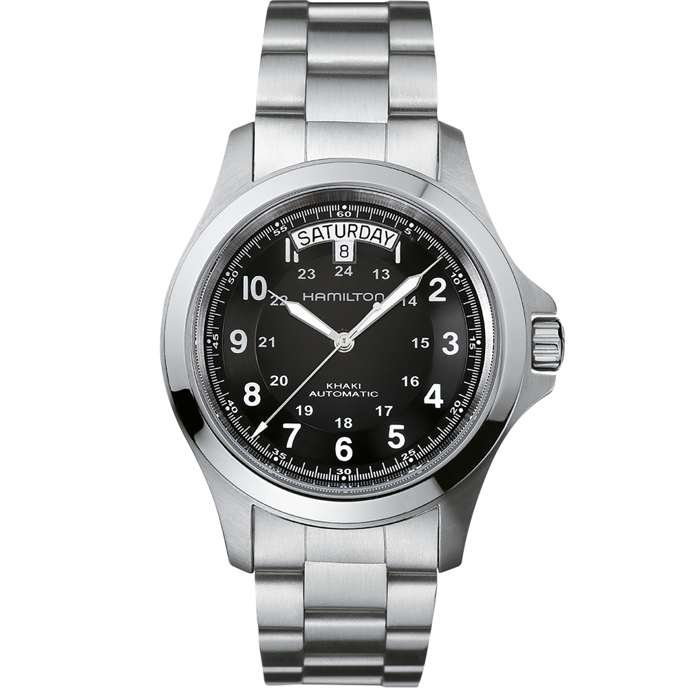 A Hamilton Khaki Field King Automatic Watch featuring a silver stainless steel bracelet, black dial with luminescent Arabic numerals, and a day and date window at the 12 o'clock position. The watch includes minute markers along the outer rim, military time markings, and operates with an automatic movement.