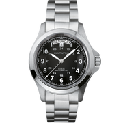 A Hamilton Khaki Field King Automatic Watch featuring a silver stainless steel bracelet, black dial with luminescent Arabic numerals, and a day and date window at the 12 o'clock position. The watch includes minute markers along the outer rim, military time markings, and operates with an automatic movement.