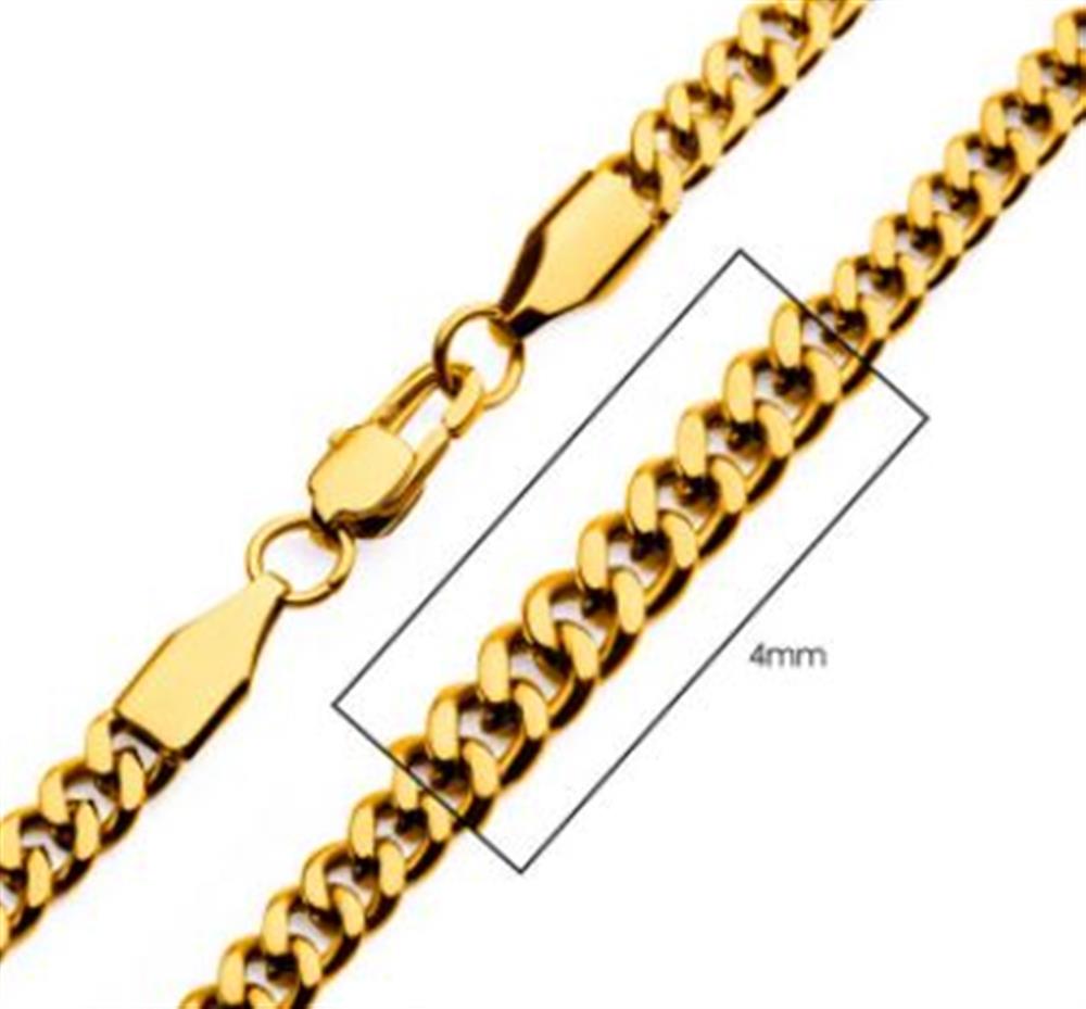 Close-up image of the 4mm 18K Gold Plated Diamond Cut Curb Chain Necklace by INOX, featuring a polished, shiny finish and a lobster claw clasp. The men's stainless steel necklace has a width of 4mm, highlighted by a labeled box surrounding part of the chain.