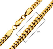 Close-up image of the 4mm 18K Gold Plated Diamond Cut Curb Chain Necklace by INOX, featuring a polished, shiny finish and a lobster claw clasp. The men's stainless steel necklace has a width of 4mm, highlighted by a labeled box surrounding part of the chain.
