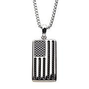 Enhance your patriotic spirit with the American Flag Stainless Steel Enamel Pendant by INOX, featuring a rectangular charm elegantly engraved with an American flag design. This stunning men's piece showcases raised stripes and a dotted star area, all hanging from a 24" Bold Box Chain.