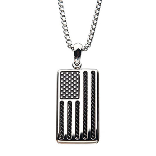 Enhance your patriotic spirit with the American Flag Stainless Steel Enamel Pendant by INOX, featuring a rectangular charm elegantly engraved with an American flag design. This stunning men's piece showcases raised stripes and a dotted star area, all hanging from a 24" Bold Box Chain.