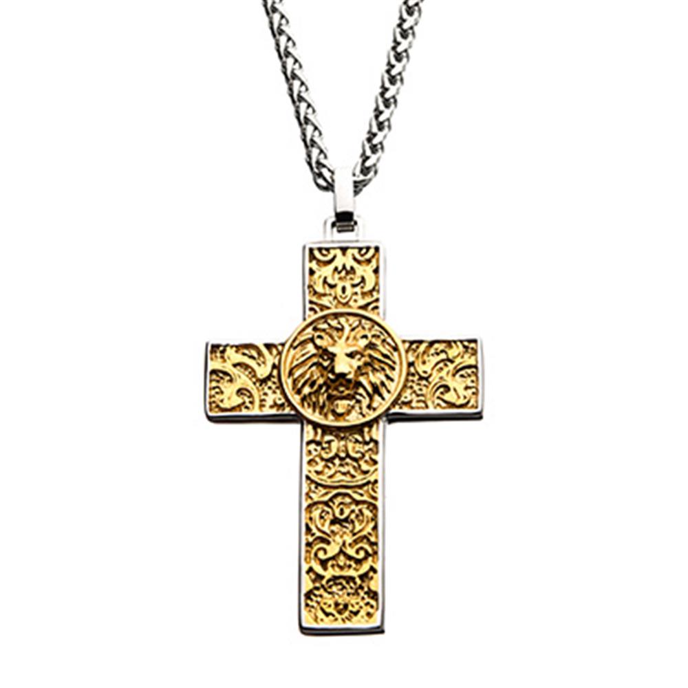 Stainless Steel Gold Plated Nymeria Lion Cross Pendant | 24" | INOX