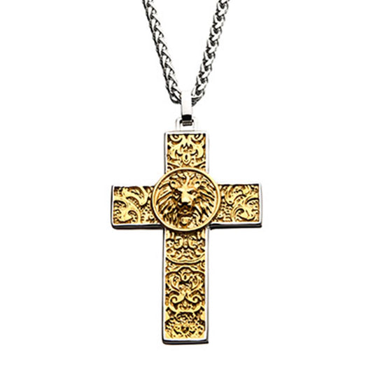 An INOX men's stainless steel gold-plated Nymeria Lion Cross Pendant, featuring a raised lion's head in the center with intricate patterns, hangs from a 24-inch steel wheat chain.