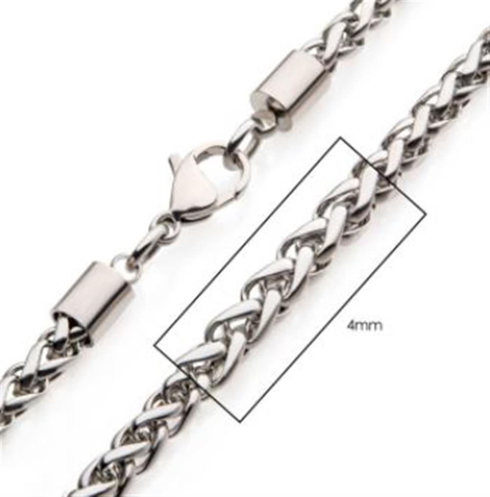 Close-up of the 4mm Steel Wheat Chain Necklace by INOX. This men's stainless steel necklace features a twisted design with interlocking links, measures 4mm in width, and ends with rectangular metal caps secured by a lobster clasp.