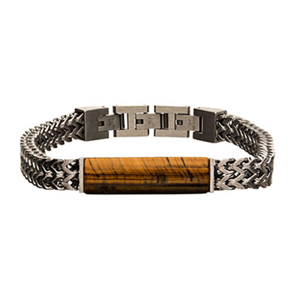 The INOX Stainless Steel Double Franco Chain with Tiger Eye Stone ID Link Bracelet features a rectangular tiger eye stone centerpiece, securely fastened within the intricately linked band. The robust clasp ensures secure fastening.