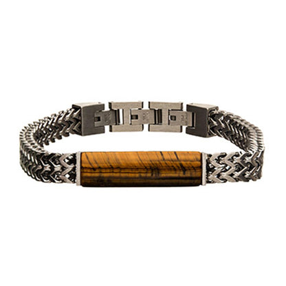 Stainless Steel Double Franco Chain with Tiger Eye Stone ID Link Bracelet | INOX