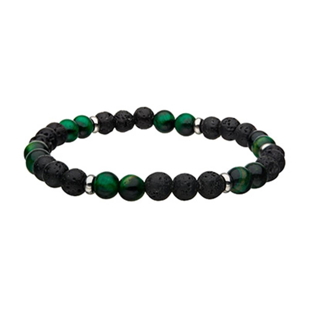The INOX Men's Stainless Steel Bracelet showcases a chic design with alternating black lava and green tiger eye beads, interspersed with small silver spacer beads, all arranged in a circular pattern.