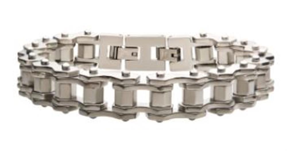 The Steel Bike Chain Bracelet by INOX is a men's stainless steel accessory with modern, industrial aesthetics, featuring interlocking rectangular and hexagonal links. This bracelet resembles a bike chain and includes a secure clasp closure, making it perfect for any stylish individual.