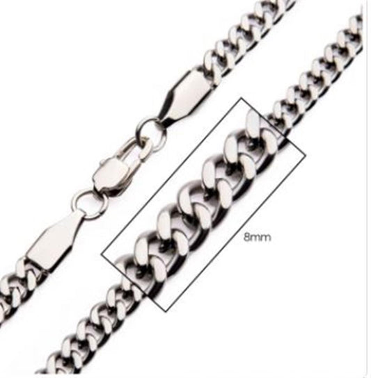 A close-up image of the INOX 8mm Steel Diamond Cut Curb Chain Necklace with a width measurement of 8mm highlighted in a rectangular box. The chain, measuring 20" in length, has a lobster clasp closure and features interlocking curb-style links.