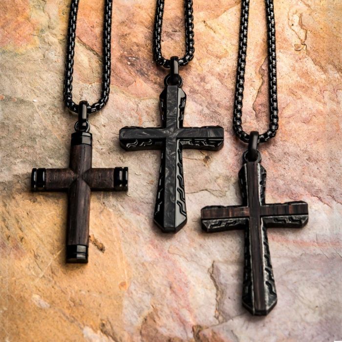 Black Plated Genuine Ebony Wood Inlayed Cross Pendant with Black Bold Box Chain | INOX