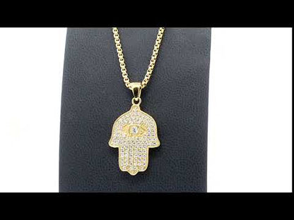 18K Gold Plated CZ Hamsa Pendant, with 22" Gold Plated Box Chain | INOX