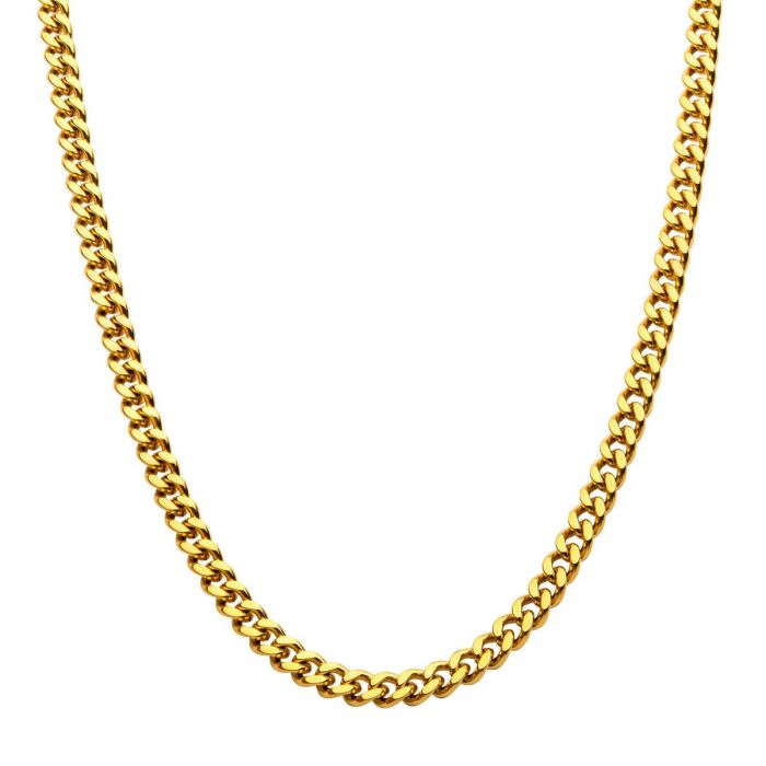 A close-up image of the 6mm 18K Gold Plated Miami Cuban Chain from INOX. The 24" chain features interconnected, flat, and closely linked gold loops, creating a smooth and continuous pattern. The men's necklace is centered against a white background, highlighting its shiny and polished finish.