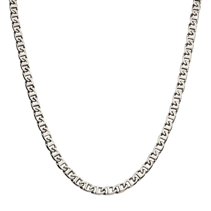 The 8mm Steel Mariner Link Chain from INOX is a polished silver men's necklace, featuring an elegant pattern of interlocking rectangular links. At 22 inches long, this stainless steel piece combines both style and durability.