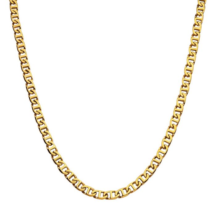 The 8mm 18K Gold Plated Mariner Link Chain from INOX, measuring 20 inches, features interlocking flat oval links arranged symmetrically in a smooth curve against a white background.