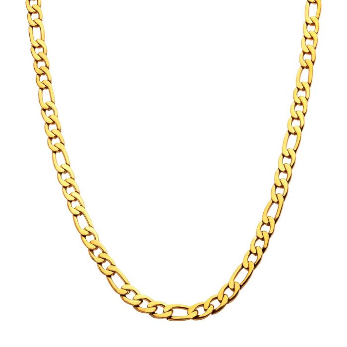 A close-up image of the INOX 4mm 18K Gold Plated Figaro chain necklace, showcasing its interlocking links. The chain forms an open loop against a plain white background. This piece measures 20 inches long.