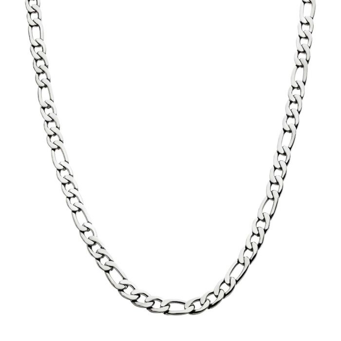 A close-up image of the INOX 6mm Steel Figaro Chain, a men's stainless steel necklace with interlocking oval links. The 24" chain is laid out in a slight curve against a plain white background, showcasing its simple yet elegant design.