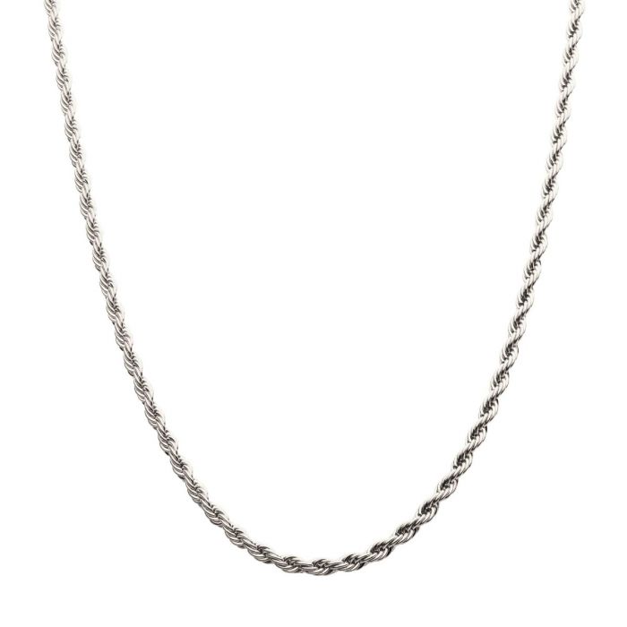 A close-up image of the 4mm Steel Rope Chain | 20" by INOX, a men's stainless steel necklace featuring a thin, twisted rope chain made of shiny, metallic material. The necklace has a symmetrical and uniform design, with tightly interwoven links giving it a textured appearance. The background is plain white.