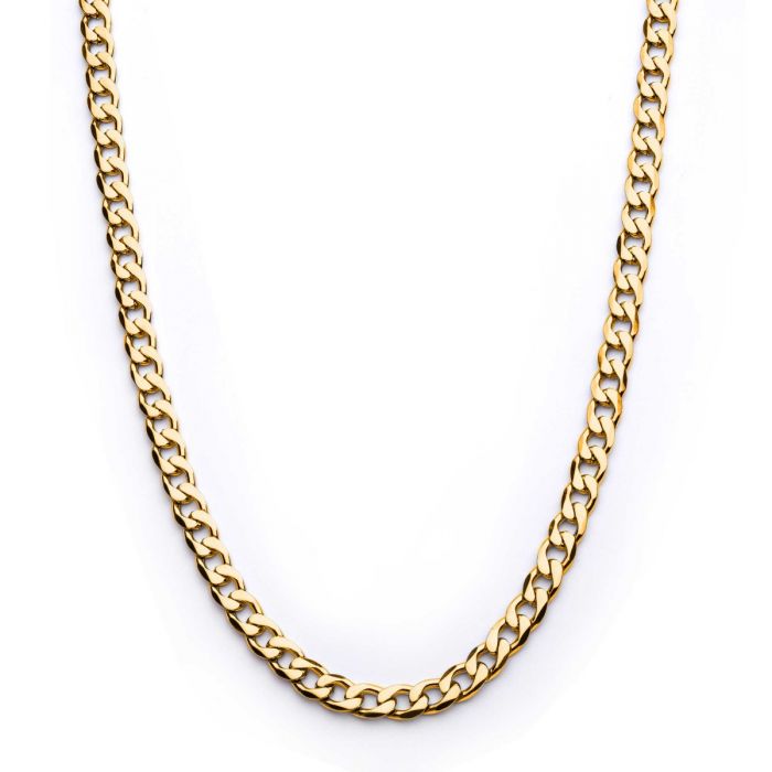 The image displays the "8mm 18K Gold Plated Bevel Curb Chain | 20" | INOX," a men's necklace from the brand INOX. This elegant gold-plated stainless steel chain features closely interlinked, flat, and curved links arranged in a uniform pattern, forming a closed loop. The chain is showcased against a white background.