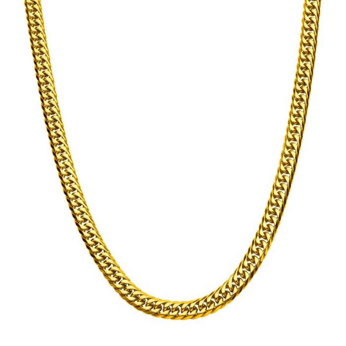 A close-up image of the 8mm 18K Gold Plated Dome Curb Necklace by INOX, showcasing finely interlinked segments that form a symmetrical, shiny loop. This 20-inch men's stainless steel necklace is set against a plain white background.